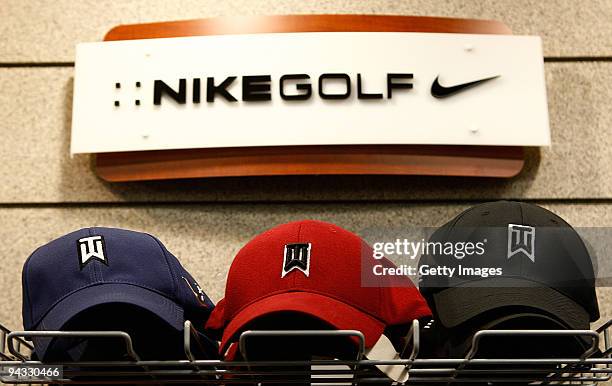 Nike Golf display featuring Tiger Woods caps is shown at a golf shop on December 12, 2009 in Orlando, Florida. Woods announced that he will take an...