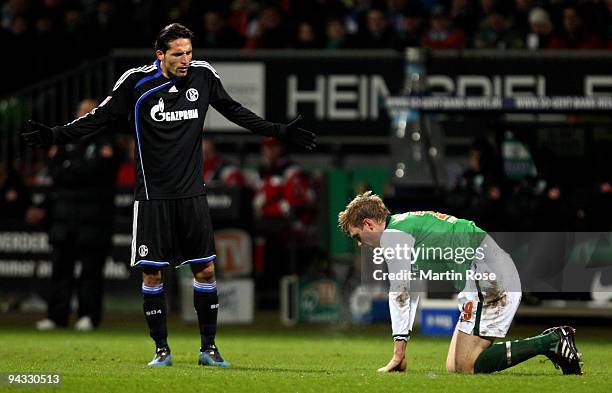 Kevin Kuranyi of Schalke reacts after he fouls Per Mertesacker of Bremen during the Bundesliga match between Werder Bremen and FC Schalke 04 at the...