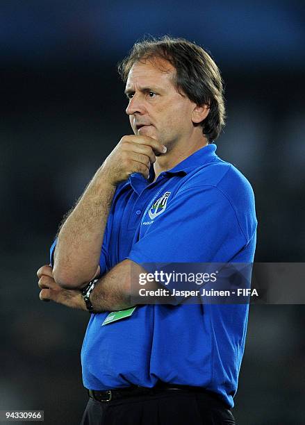 Coach Paul Posa of Auckland City looks pensive during the FIFA Club World Cup quarter-final match between Auckland City and Atlante at the Zayed...