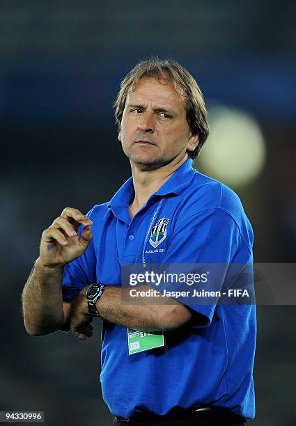 Coach Paul Posa of Auckland City reacts during the FIFA Club World Cup quarter-final match between Auckland City and Atlante at the Zayed Sports City...