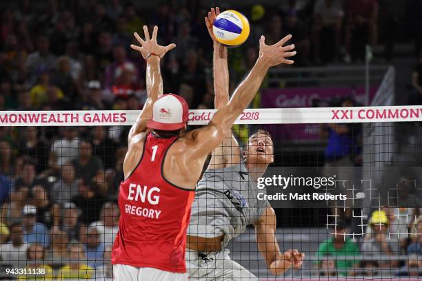 Sam O'Dea of New Zealand competes during the Beach Volleyball Men's Preliminary round against Jake Sheaf and Chris Gregory of England on day four of...