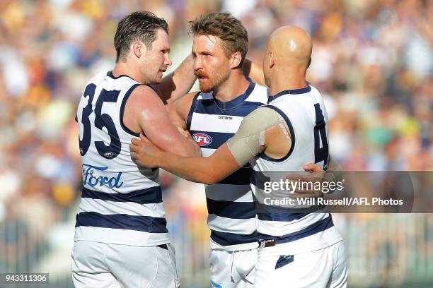 Zach Tuohy of the Cats celebrates after scoring a goal during the round three AFL match between the West Coast Eagles and the Geelong Cats at Optus...