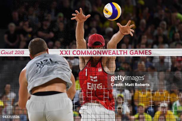 Chris Gregory of England competes during the Beach Volleyball against Ben O'Dea and Sam O'Dea of New Zeland on day four of the Gold Coast 2018...