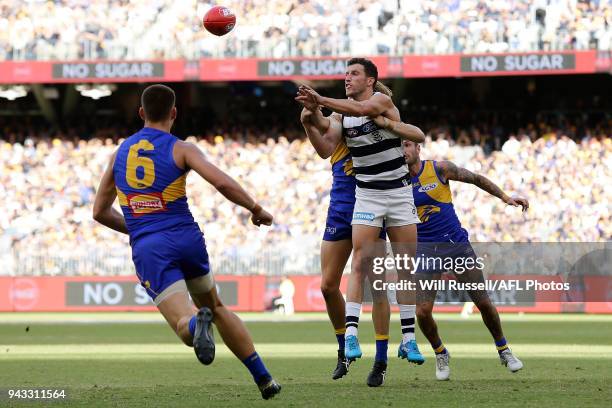 Sam Menegola of the Cats tries to mark during the round three AFL match between the West Coast Eagles and the Geelong Cats at Optus Stadium on April...