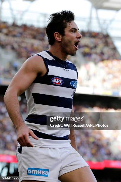 Daniel Menzel of the Cats reacts after missing a shot on goal during the round three AFL match between the West Coast Eagles and the Geelong Cats at...