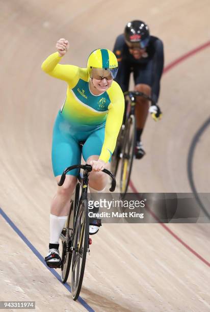 Stephanie Morton of Australia celebrates winning the Women's Keirin Final during Cycling on day four of the Gold Coast 2018 Commonwealth Games at...