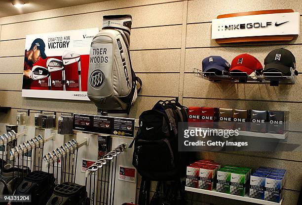 Nike Golf display featuring Tiger Woods is shown at a golf shop on December 12, 2009 in Orlando, Florida. Woods announced that he will take an...