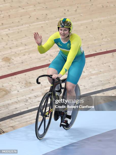 Stephanie Morton of Australia celebrates after winning the Women's Keirin Final during Cycling on day four of the Gold Coast 2018 Commonwealth Games...