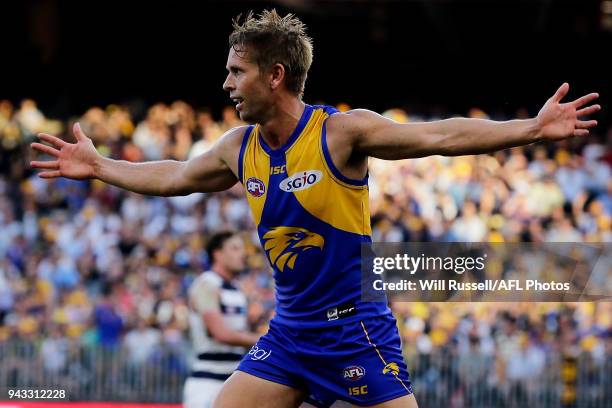 Mark LeCras of the Eagles celebrates after scoring a goal during the round three AFL match between the West Coast Eagles and the Geelong Cats at...