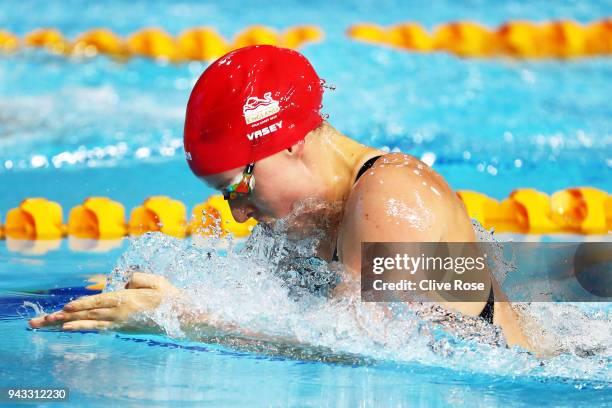 Sarah Vasey of England competes during the Women's 100m Breaststroke Semifinal 1 on day four of the Gold Coast 2018 Commonwealth Games at Optus...