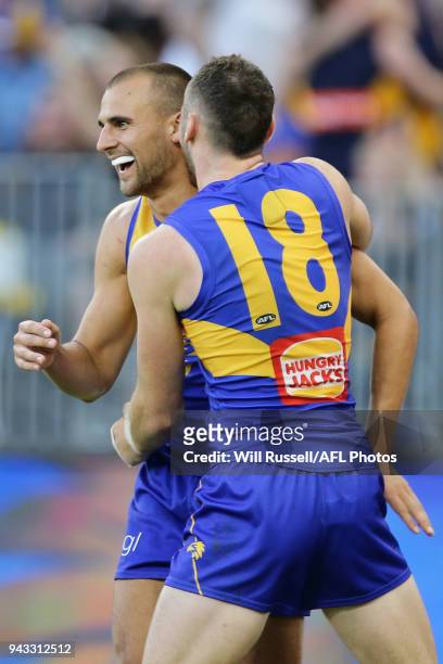 Dom Sheed of the Eagles celebrates after scoring a goal during the round three AFL match between the West Coast Eagles and the Geelong Cats at Optus...