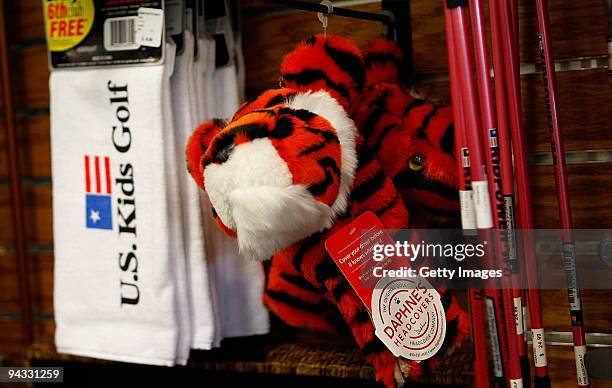 Tiger headcover is seen on display at a golf shop on December 12, 2009 in Orlando, Florida. Tiger Woods announced that he will take an indefinite...