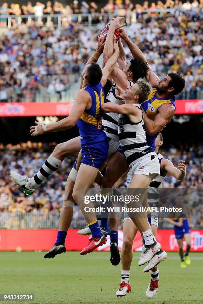 Patrick Dangerfield of the Cats goes for a pack mark during the round three AFL match between the West Coast Eagles and the Geelong Cats at Optus...