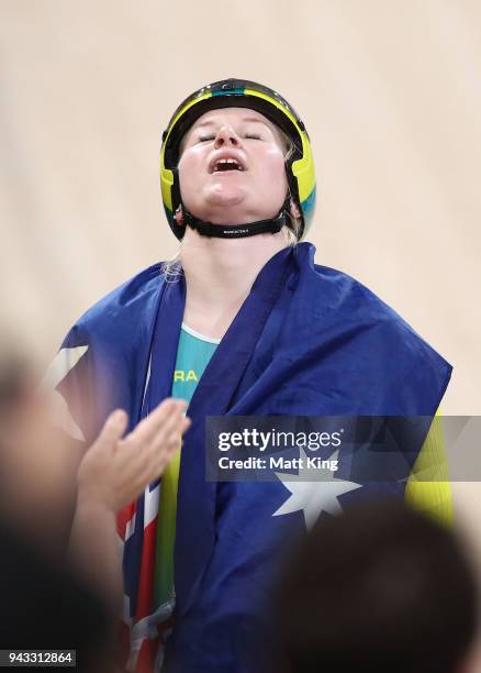 Stephanie Morton of Australia celebrates winning the Women's Keirin Final during Cycling on day four of the Gold Coast 2018 Commonwealth Games at...