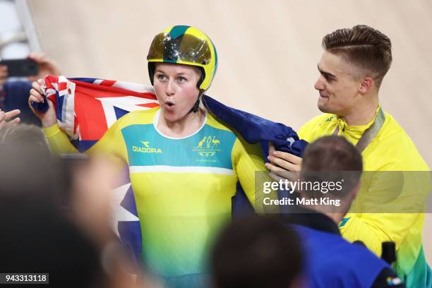 Stephanie Morton of Australia celebrates with Matt Glaetzer of Australia after winning the Women's Keirin Final during Cycling on day four of the...