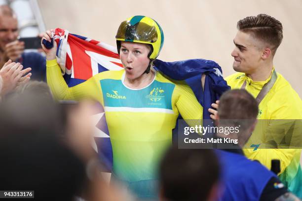 Stephanie Morton of Australia celebrates with Matt Glaetzer of Australia after winning the Women's Keirin Final during Cycling on day four of the...