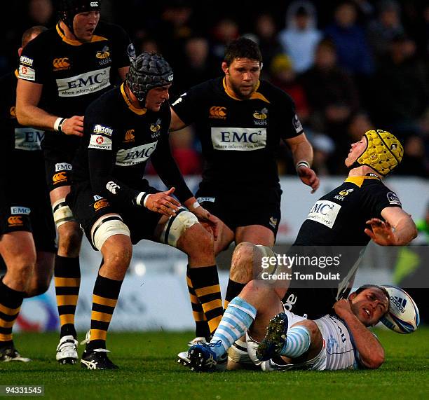 Richard Birkett of London Wasps is brought down to the ground by Arnaud Heguy of Bayonne during the Amlin Challenge Cup match between London Wasps...