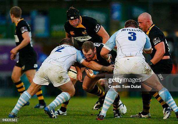 Tim Payne of London Wasps runs with the balll during the Amlin Challenge Cup match between London Wasps and Bayonne at Adams Park on December 12,...