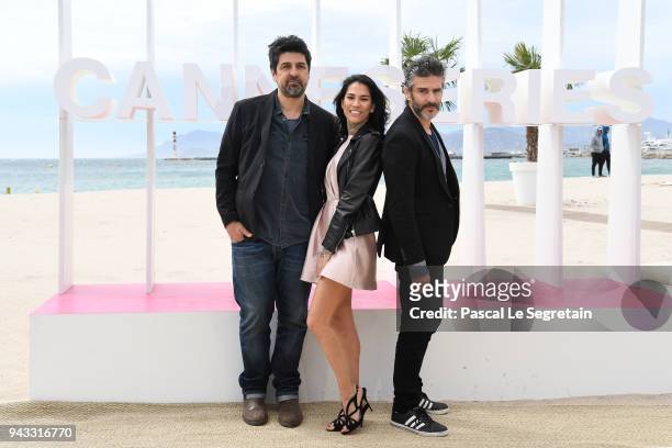 Cesc Gay, Mi Hoa Lee and Leonardo Sbaraglia attend "Felix" Photocall during the 1st Cannes International Series Festival on April 8, 2018 in Cannes,...