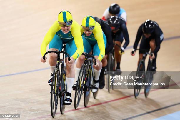 Stephanie Morton of Australia leads and wins the Women's Keirin Final track cycling on day four of the Gold Coast 2018 Commonwealth Games at Anna...