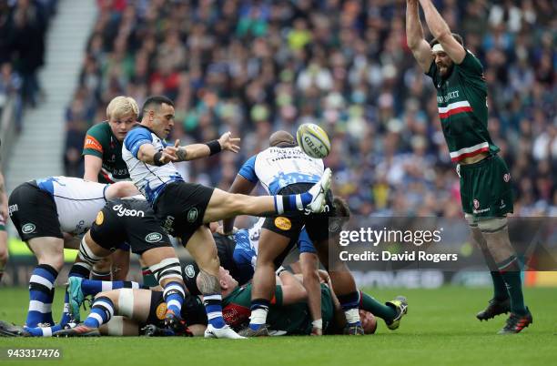 Kahn Fotuali'i of Bath kicks the ball upfield during the Aviva Premiership match between Bath Rugby and Leicester Tigers at Twickenham Stadium on...