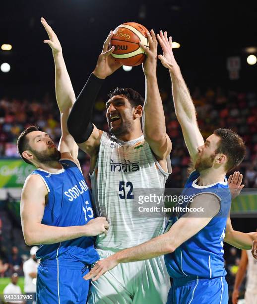 Satnam Bhamara of India attempts a lay up during the Preliminary Basketball round match between India and Scotland on day four of the Gold Coast 2018...