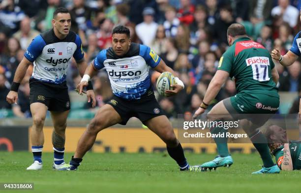 Cooper Vuna of Bath runs with the ball during the Aviva Premiership match between Bath Rugby and Leicester Tigers at Twickenham Stadium on April 7,...