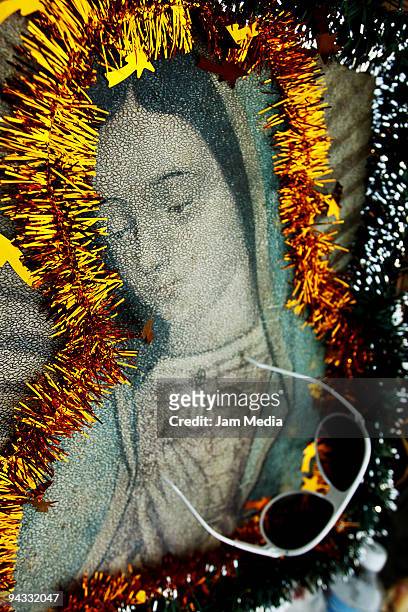 Detail of an image of the Virgin of Guadalupe during the celebration of the Virgin of Guadalupe on December 12, 2009 in Mexico City, Mexico....