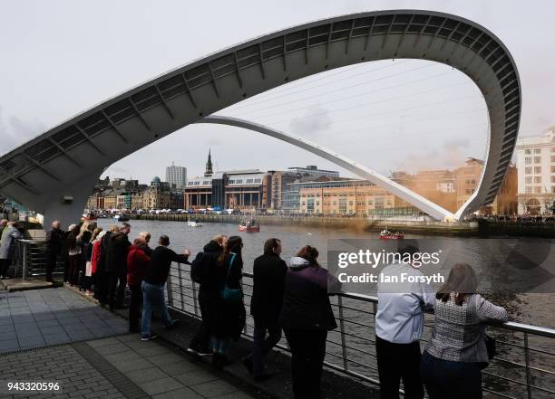 Fishing boats pass under the Millenium Bridge on the River Tyne in North Shields as fishermen take part in a nationwide protest against the Brexit...