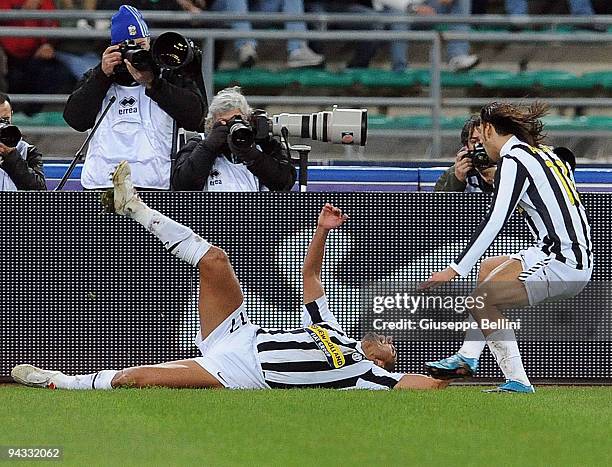 David Trezeguet and Amauri of Juventus FC celebrate the goal during the Serie A match between AS Bari and Juventus FC at Stadio San Nicola on...