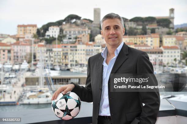 Former Football player Hernan Crespo attend "The Football Show" photocall at MIPTV 2018 Photocall on April 8, 2018 in Cannes, France.