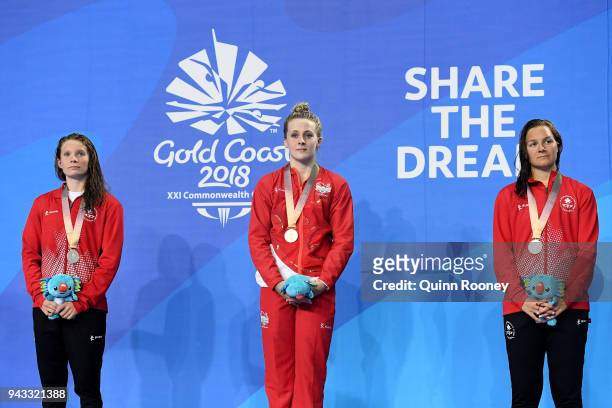 Silver medalist Sarah Darcel of Canada, gold medalist Siobhan Marie O'Connor of England and bronze medalist Erika Seltenreich-Hodgson of Canada pose...