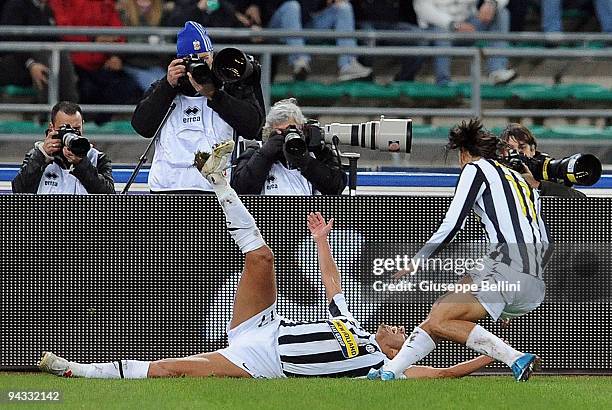 David Trezeguet and Amauri of Juventus FC celebrate the goal during the Serie A match between AS Bari and Juventus FC at Stadio San Nicola on...