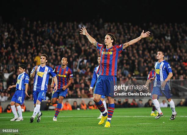 Zlatan Ibrahimovic of Barcelona celebrates after scoring his teams first goal during the La Liga match between Barcelona and Espanyol at the Camp Nou...