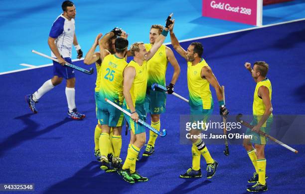 Australia's Aran Zalewski celebrates scoring a goal against Scotland during Hockey on day four of the Gold Coast 2018 Commonwealth Games at Gold...