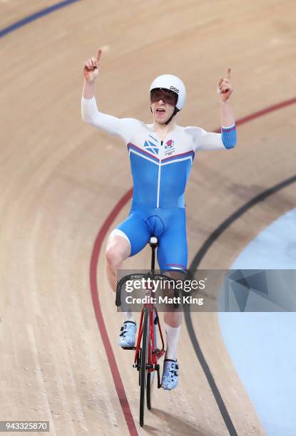 Mark Stewart of Scotland celebrates winning the Men's 40km Points Race Final during Cycling on day four of the Gold Coast 2018 Commonwealth Games at...