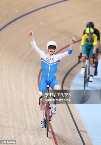 Mark Stewart of Scotland celebrates winning the Men's 40km Points Race Final during Cycling on day four of the Gold Coast 2018 Commonwealth Games at...