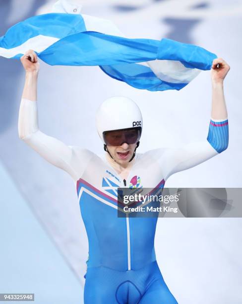 Mark Stewart of Scotland celebrates winning the Men's 40km Points Race Final during Cycling on day four of the Gold Coast 2018 Commonwealth Games at...