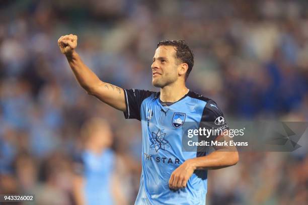 Bobo of Sydney FC celebrates his second goal during the round 26 A-League match between Sydney FC and Adelaide United at Allianz Stadium on April 8,...