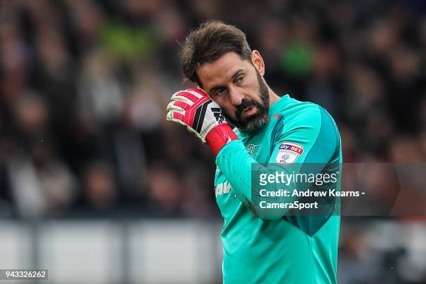Derby County's Scott Carson during the Sky Bet Championship match between Derby County and Bolton Wanderers at iPro Stadium on April 7, 2018 in...