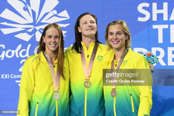 Silver medalist Holly Barratt of Australia, gold medalist Cate Campbell of Australia and bronze medalist Madeline Groves of Australia pose during the...