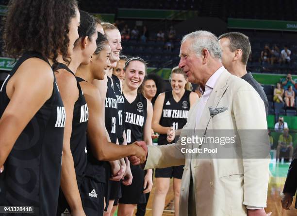 Britain's Prince Charles, Prince Of Wales, greets the New Zealand players following the India V New Zealand women's basketball game at the...