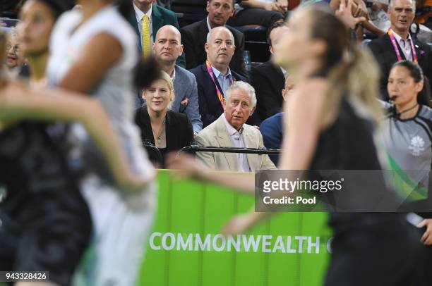 Britain's Prince Charles, Prince Of Wales, with former Australian and WNBA basketball player Lauren Jackson to his right during the India V New...