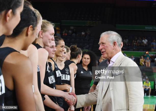 Britain's Prince Charles, Prince Of Wales meets the New Zealand team and coaching staff following the India V New Zealand women's basketball game at...