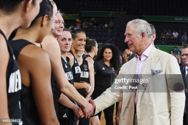 Britain's Prince Charles, Prince Of Wales meets the New Zealand team and coaching staff following the India V New Zealand women's basketball game at...