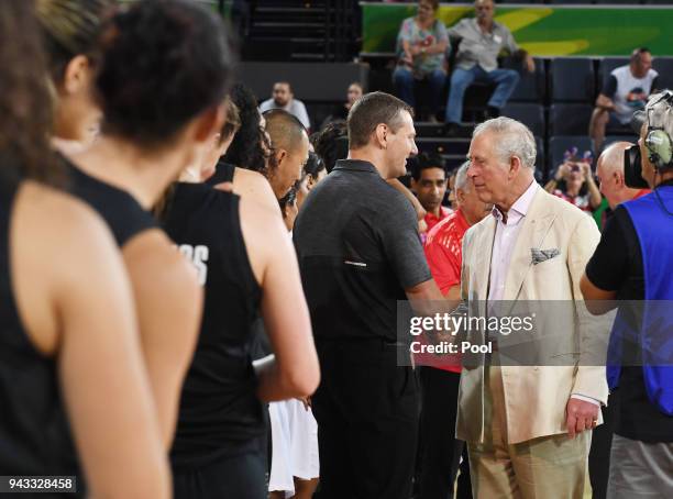 Britain's Prince Charles, Prince Of Wales meets the New Zealand team and coaching straff after the finish of the India V New Zealand women's...