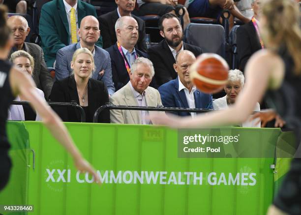 Britain's Prince Charles, Prince Of Wales, with former Australian and WNBA basketball player Lauren Jackson to his right during the India V New...