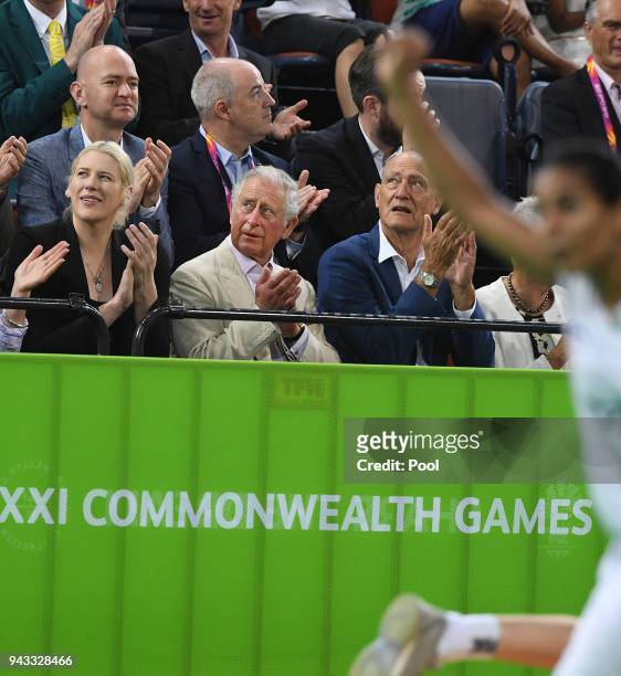 Britain's Prince Charles, Prince Of Wales with former Australian and WNBA basketball player Lauren Jackson to his right during the India V New...
