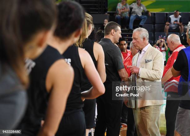 Britain's Prince Charles, Prince Of Wales meets the New Zealand team and coaching staff following the India V New Zealand women's basketball game at...