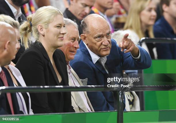 Britain's Prince Charles, Prince Of Wales, with former Australian and WNBA basketball player Lauren Jackson to his right in instructed in the finer...